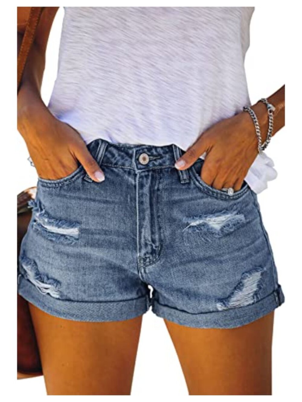 Metietila High Waisted Ripped Denim Shorts Folded Hem Stretch